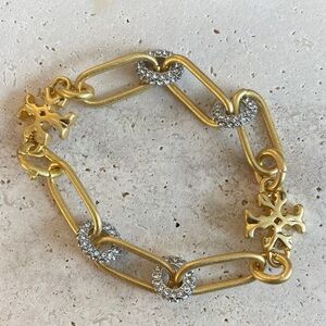 Tory Burch Gold Link Bracelet Crystal Accent Chain Logo Charm Bracelet